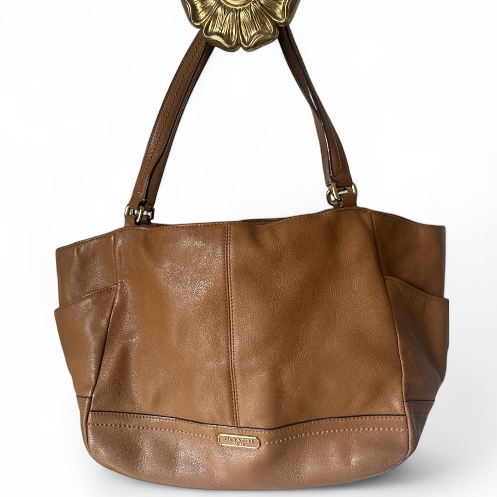 Coach F23284 British Tan Pebble Leather Shoulder Bag with bright orange lining